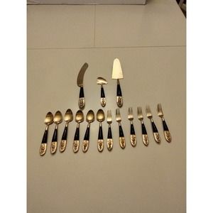 Mid Century Vintage Siam Buddha Flatware set  -15 pieces- Brass and Rosewood